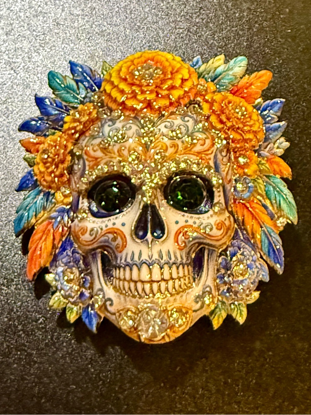 Floral Sugar Skull Brooch - Blue & Orange Embellished